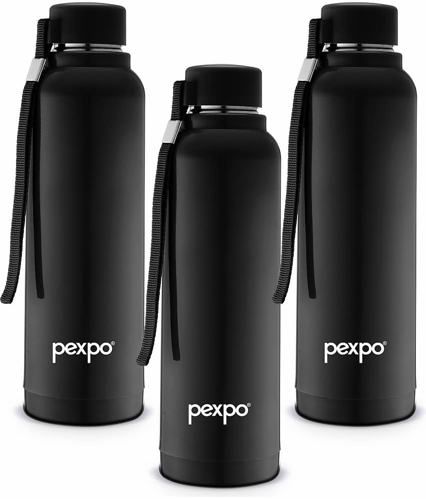 Pexpo - STEREO 900 PUF INSULATED STAINLESS STEEL BOTTLE Black School Water Bottle 700ML mL ( Set of 3 )