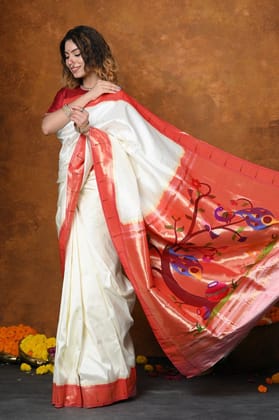 Prestige~Handloom Pure Silk Muniya Border Saree WIth Handcrafted Peacock Pallu - Blooming White