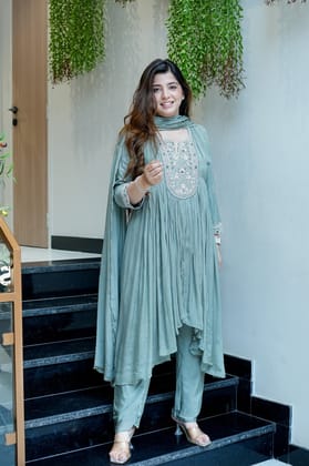 Shinaya Embroidered Upside Down Anarkali Set-Green / XXXL