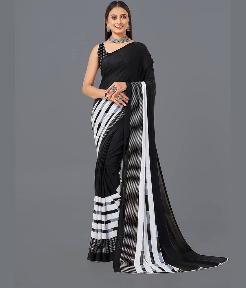 LEELAVATI Georgette Printed Saree With Unstitched Blouse Piece ( Black )