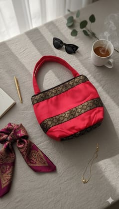 Elegant Silk Blend Ethnic Shoulder Bag – Pink and Gold Brocade Detail – Vaishali Creations