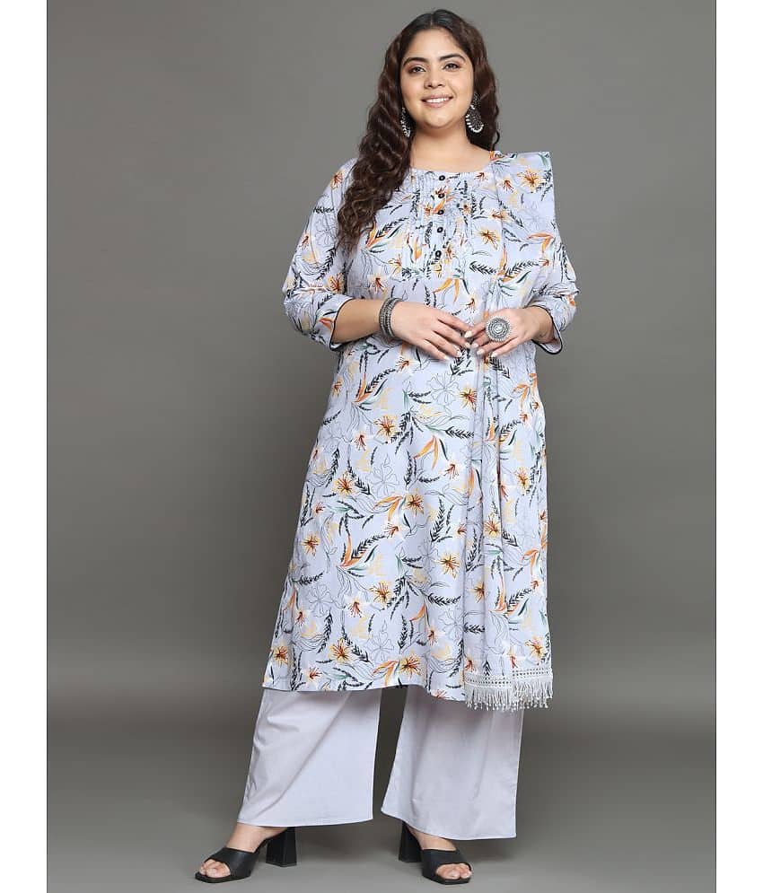 Tissu Cotton Printed Kurti With Palazzo Women's Stitched Salwar Suit - Light Grey ( Pack of 1 )