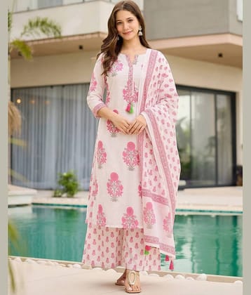 INDIAN SILKS Women Cotton Printed Straight Kurti With Palazzo ( Pink )