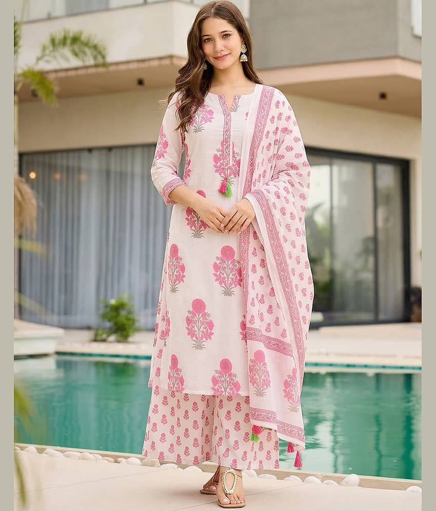 INDIAN SILKS Women Cotton Printed Straight Kurti With Palazzo ( Pink )