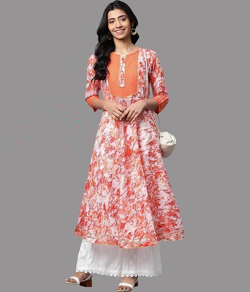 Yash Gallery - Orange Cotton Women's Flared Kurti ( Pack of 1 )