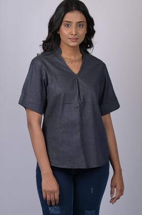Solid v neck top for women western wear stylish tops magic cotton short sleeve Dark Grey Colour V-Neck Top With Collar (OTL-TPS1044)-Grey / S