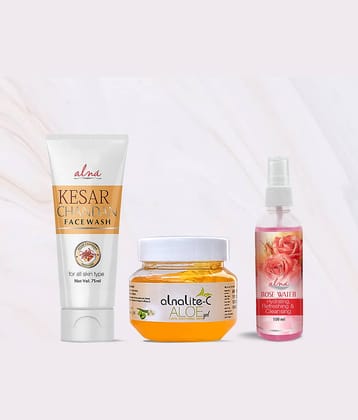 Alna Kesar Chandan Face Wash 75ml with Alnalite-C Aloe Gel 100gm & Rose Water 100ml , Pack of 3