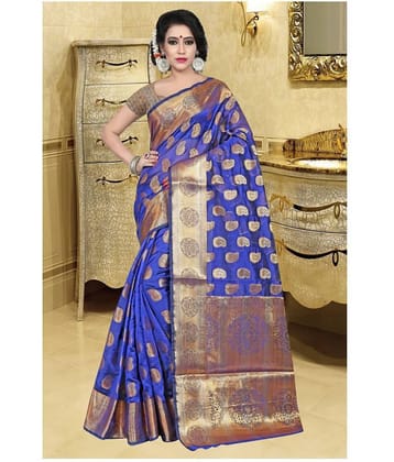 Gazal Fashions Banarasi Silk Printed Saree With Unstitched Blouse Piece ( Blue )