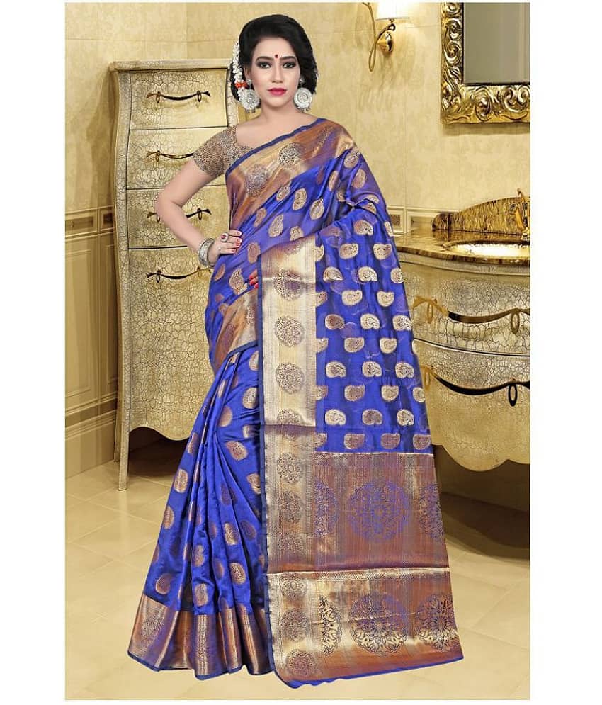 Gazal Fashions Banarasi Silk Printed Saree With Unstitched Blouse Piece ( Blue )