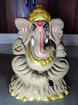 Stone Ganpati Idol (4-inch) | Hand-Painted Seated Ganesha Murti with Golden Crown | For Pooja Room, Home Decor & Car Dashboard