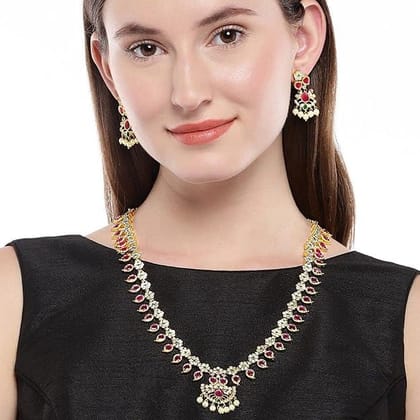Women Gold-Plated American Diamond Ruby Studded Jewelry Set