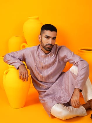 Men's Cotton Silk Sequins Embroidered Purple Kurta with Cream Trouser-40