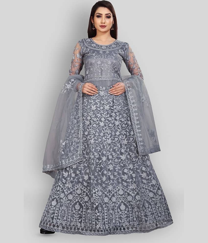 Apnisha - White Flared Net Women's Stitched Ethnic Gown ( Pack of 1 )
