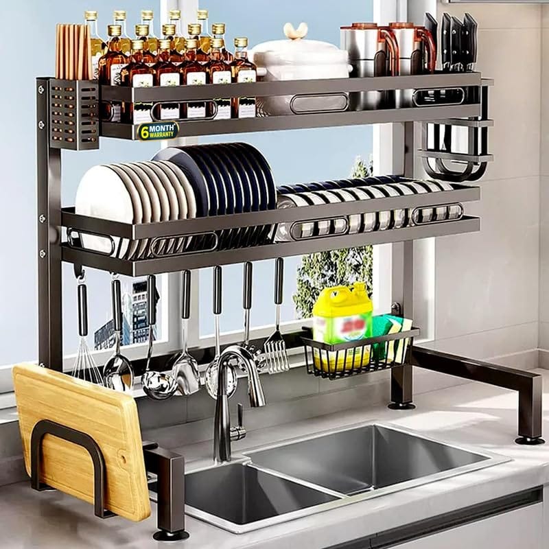 IBELL Over Sink Dish Rack for Kitchen, Bartan Stand for Drying, Carbon Steel, 2 Layer, Drainer Shelf/Kitchen