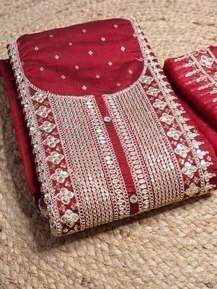 Maroon Colour Unstitched Suit Fabric with Zari & Sequence Work with Dupatta-Free Size / MAROON