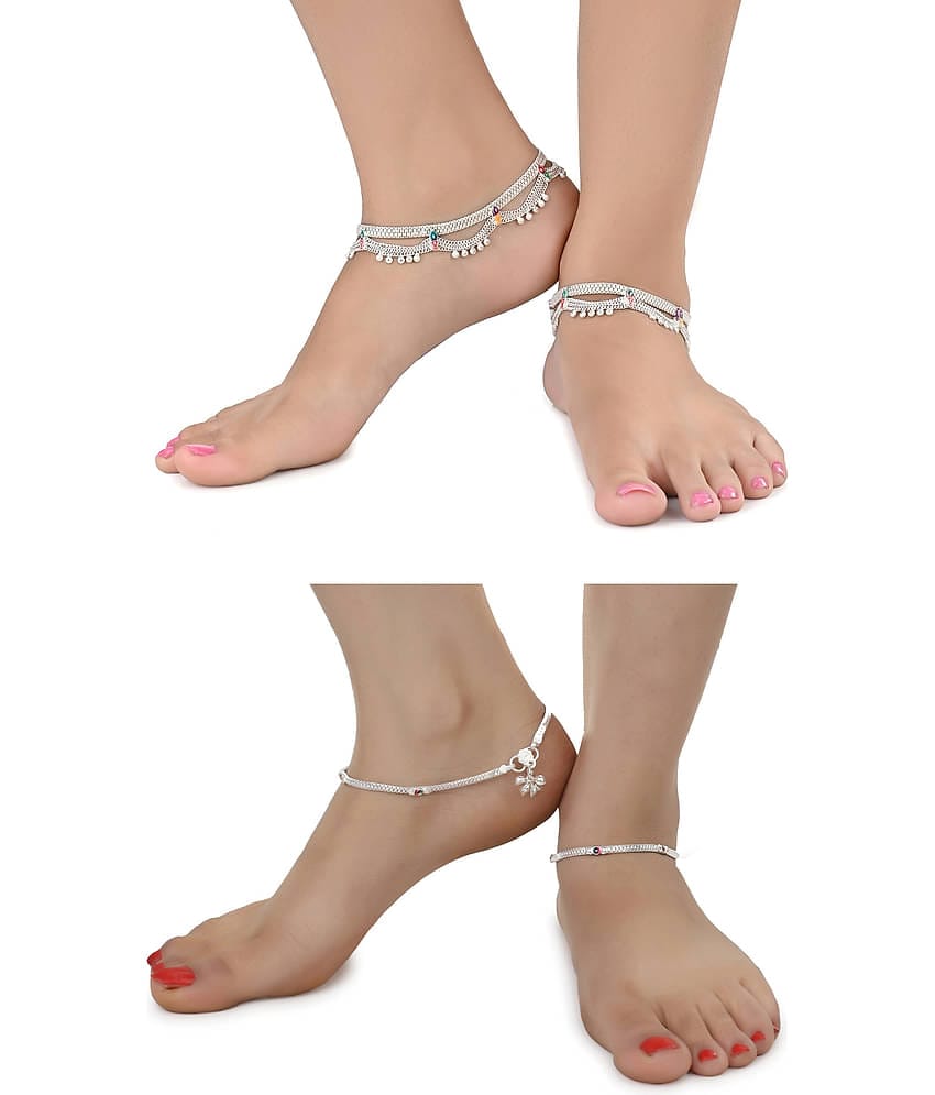 AanyaCentric Combo of 2 Pair Silver Plated White Metal Indian Traditional Ethnic Payal Anklets