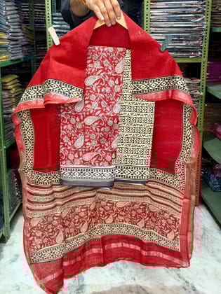 Linen Cotton Suits  Bagru Hand Block Printed Linen Suits With Zari BorderSize:-Top & Dupatta:- Linen Cotton  (2.50+2.50) mtrsBottom :-Cotton 2.50 mtrs.