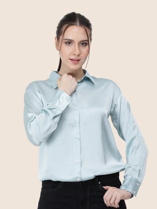 Light Cyan Regular Fit Summer Satin Shirt-M
