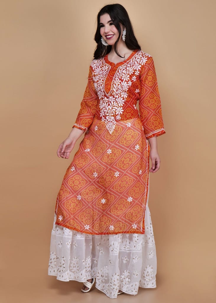 Handcrafted Kota Chikankari Straight Kurta - Orange