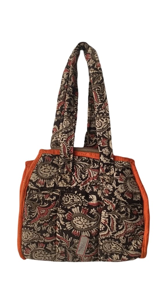 KALANKARI   Handcrafted Quilted Cotton Tote Bag with Floral Print and Orange Trim