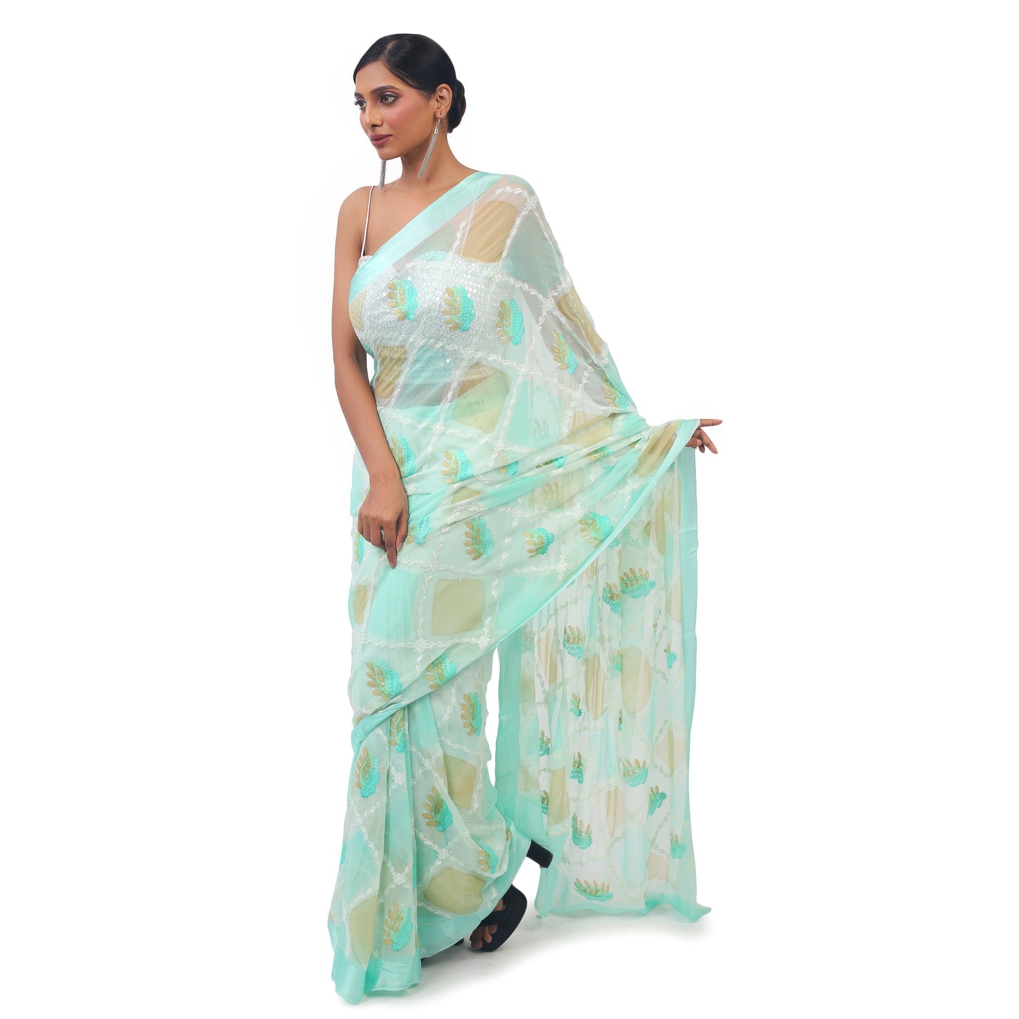 TheHangr Sky Blue Soft Chiffon Saree With Beautiful Thread Work