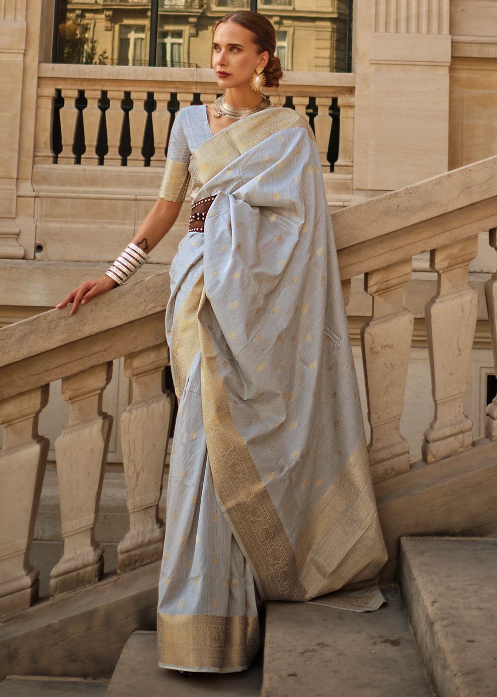 Powder Grey Woven Banarasi Khaddi Silk Saree