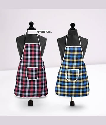 CreadCraft Cotton Checks Kitchen Apron with 1 Center Pocket ( Pack of 2 )