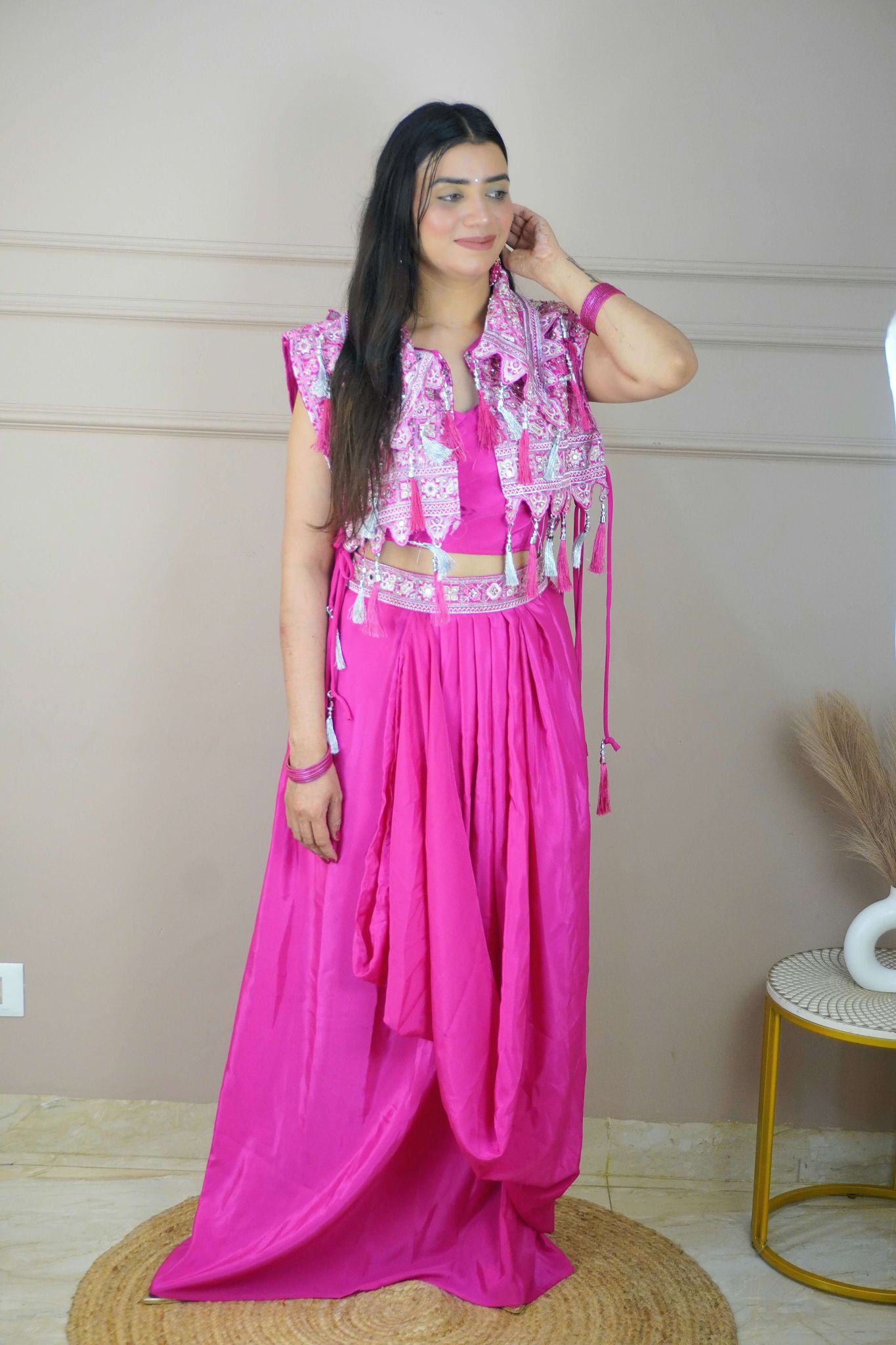 Pink Colour Thread & Mirror Work Top with Skirt & Heavy Work Jacket (Dress have 4 inch of margin for alteration as per customer need)-Free Size / Pink