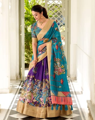Purple & Teal Kalamkari Print Tussar Silk Lehenga Set-Free Size