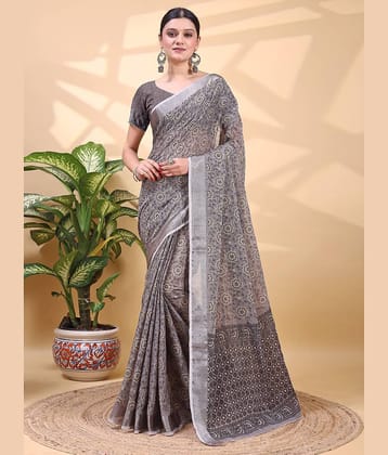 HEMA SILK MILLS Linen Printed Regular Saree With Unstitched Blouse Piece ( Coffee Brown )