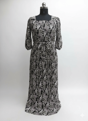 99ladies Store Black and White Floral Printed Full Length Long Dress for Women