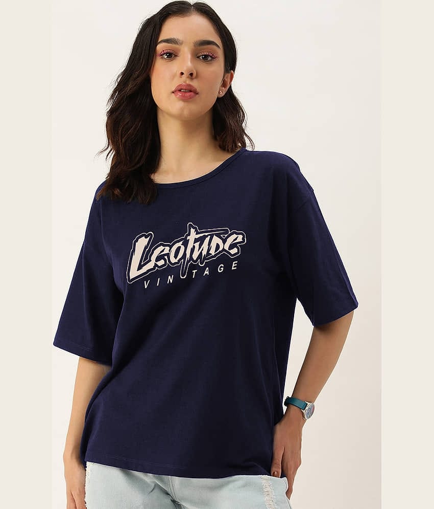 Leotude Women Cotton Blend Printed Oversized Fit Round Neck T-Shirt ( Blue )