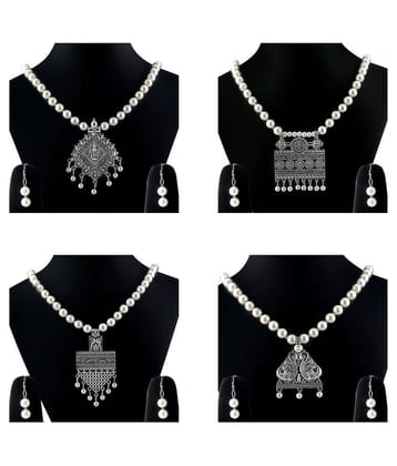 SILVER SHINE Silver Plated Traditional Designer Pearl Set Combo For Women - Silver