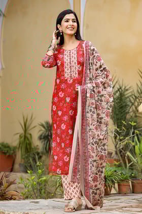 Red Cotton Blend Floral Printed Suit Set VKSKD1235