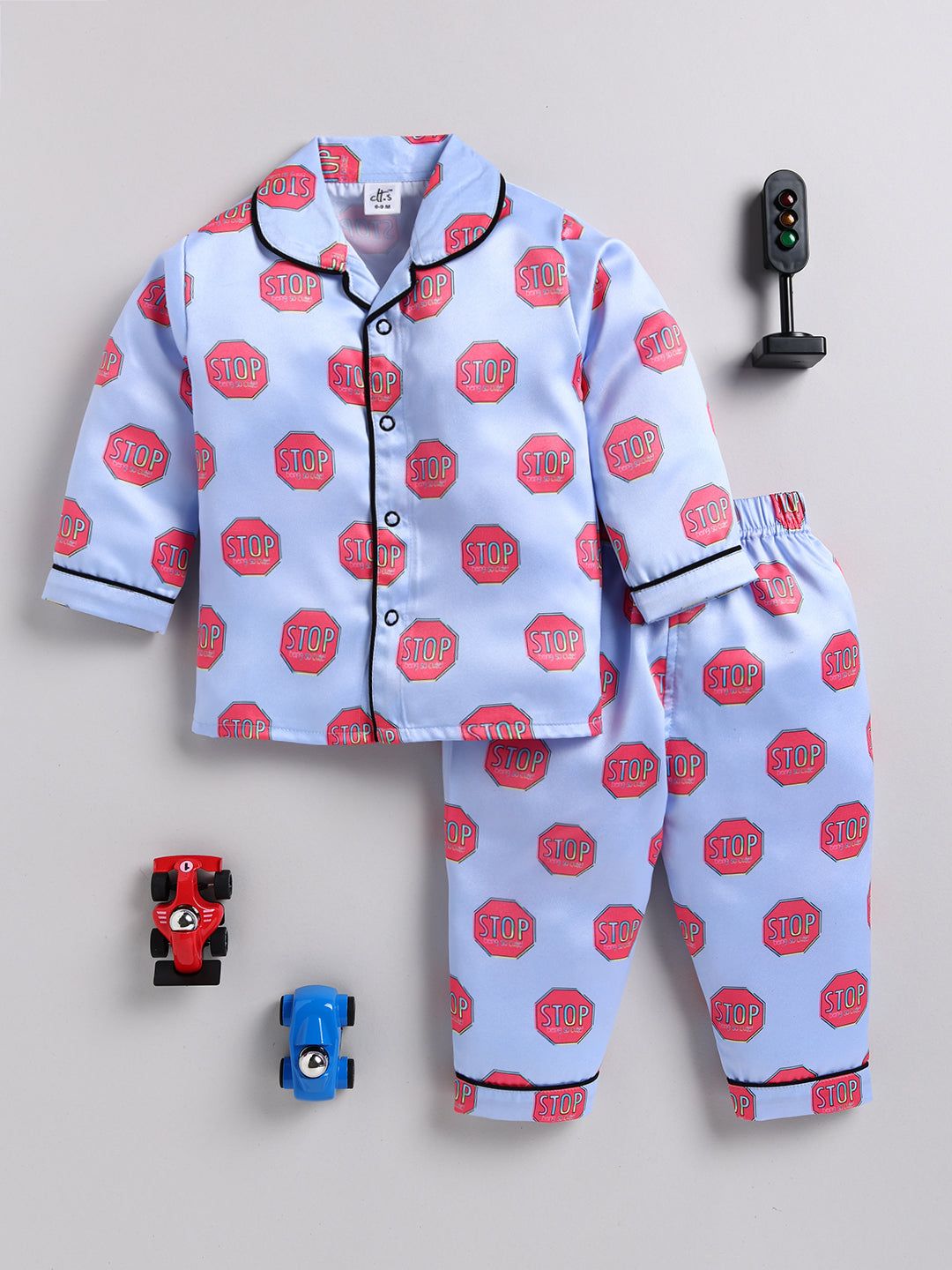 Blue "STOP" Being So Cute Full sleeve Night Suit-6-9 m