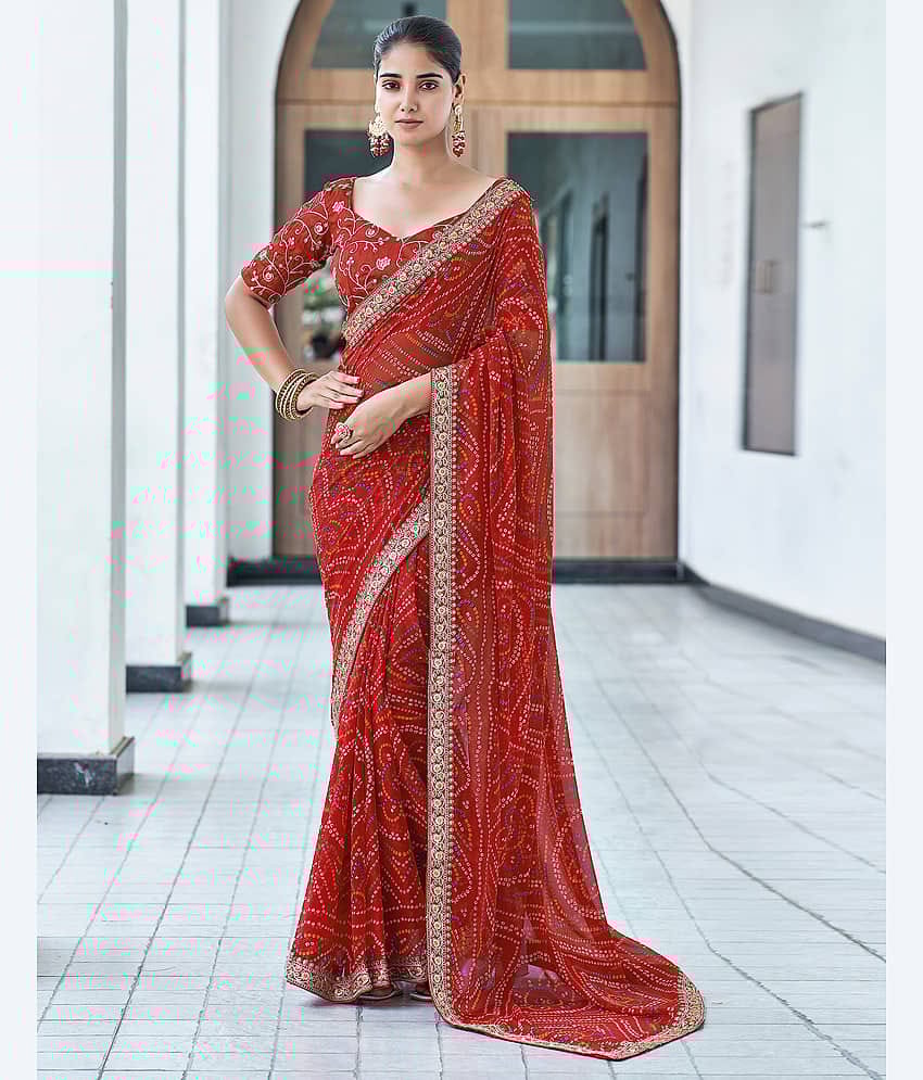 Satrani Georgette Printed Saree With Unstitched Blouse Piece ( Red )