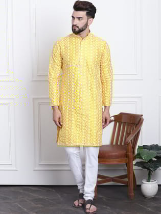 Men's Silk Blend Yellow Embroidered Kurta & White Churidar Pyjama Set-36