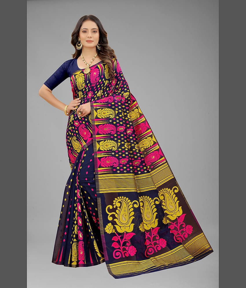NENCY FASHION Cotton Embroidered Saree With Unstitched Blouse Piece ( Gold )