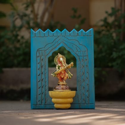 Veena Playing Lord Ganesh Brass Idol With Distressed Wooden Frame
