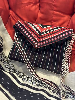 KRI India Melange Black & Red Hand embroidered Sling Bag | Black, Ivory & Red & | 12x8 inches  | Wash & Care | 100% Cotton | Handcrafted in India. 100% organic & natural.