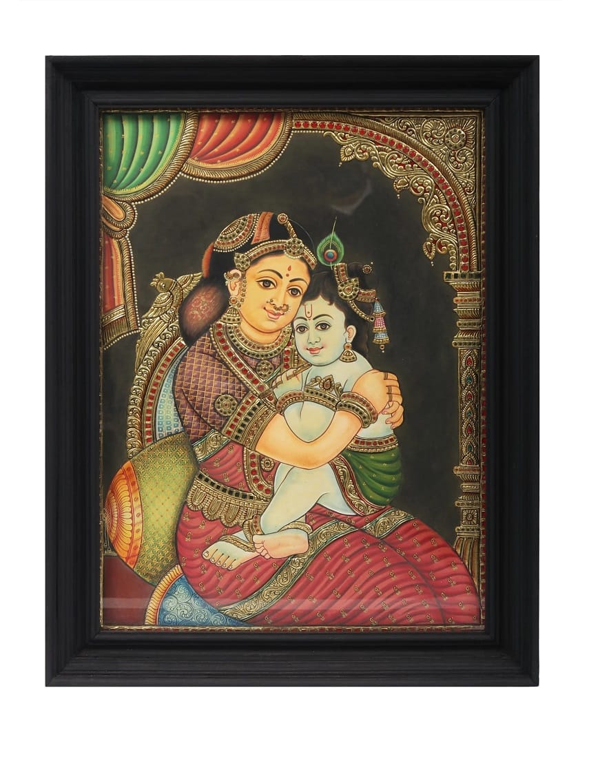 Little Krishna with Yashoda Traditional Tanjore Painting By Authentic Handcrafted Method (Size 15x12)