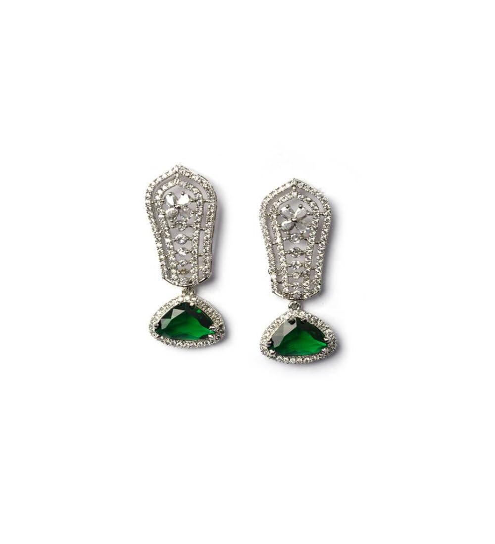 Generic Women's Brass Silver Plated Drop Earrings (Green)-PID66278