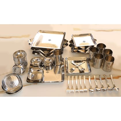 Stainless Steel Hammerd 48 Pcs Rectangular shape Dinnerware Set, Serveware Tableware, Dinnerware for Home and Restaurants-Silver