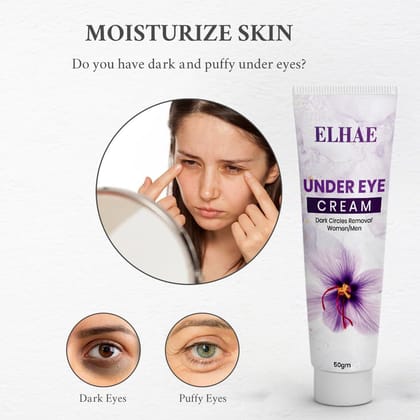 ELAHE Organic Under Eye Cream for Dark Circles - Saffron, Almond, Turmeric & Aloe Formula | Reduces Puffiness, Wrinkles & Brightens | Unisex, 50g Tube