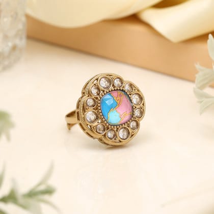 Aqua Firozi Color Kundan Ring For Women-Ring_Size_Adjustable | Diameter Length: 2.50 CM x Width: 2.50 CM / Firozi / Alloy With Good Quality Mehndi Gold Plated