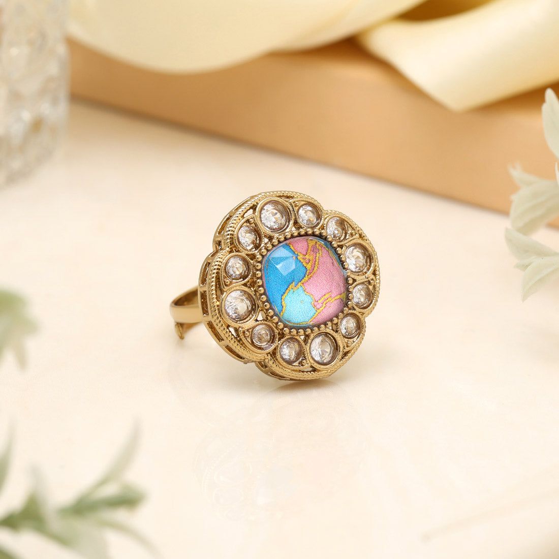 Aqua Firozi Color Kundan Ring For Women-Ring_Size_Adjustable | Diameter Length: 2.50 CM x Width: 2.50 CM / Firozi / Alloy With Good Quality Mehndi Gold Plated