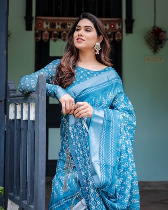 Turquoise Pure Cotton Linen Saree with White Floral Design, Blouse, and Tassel Edges-Regular