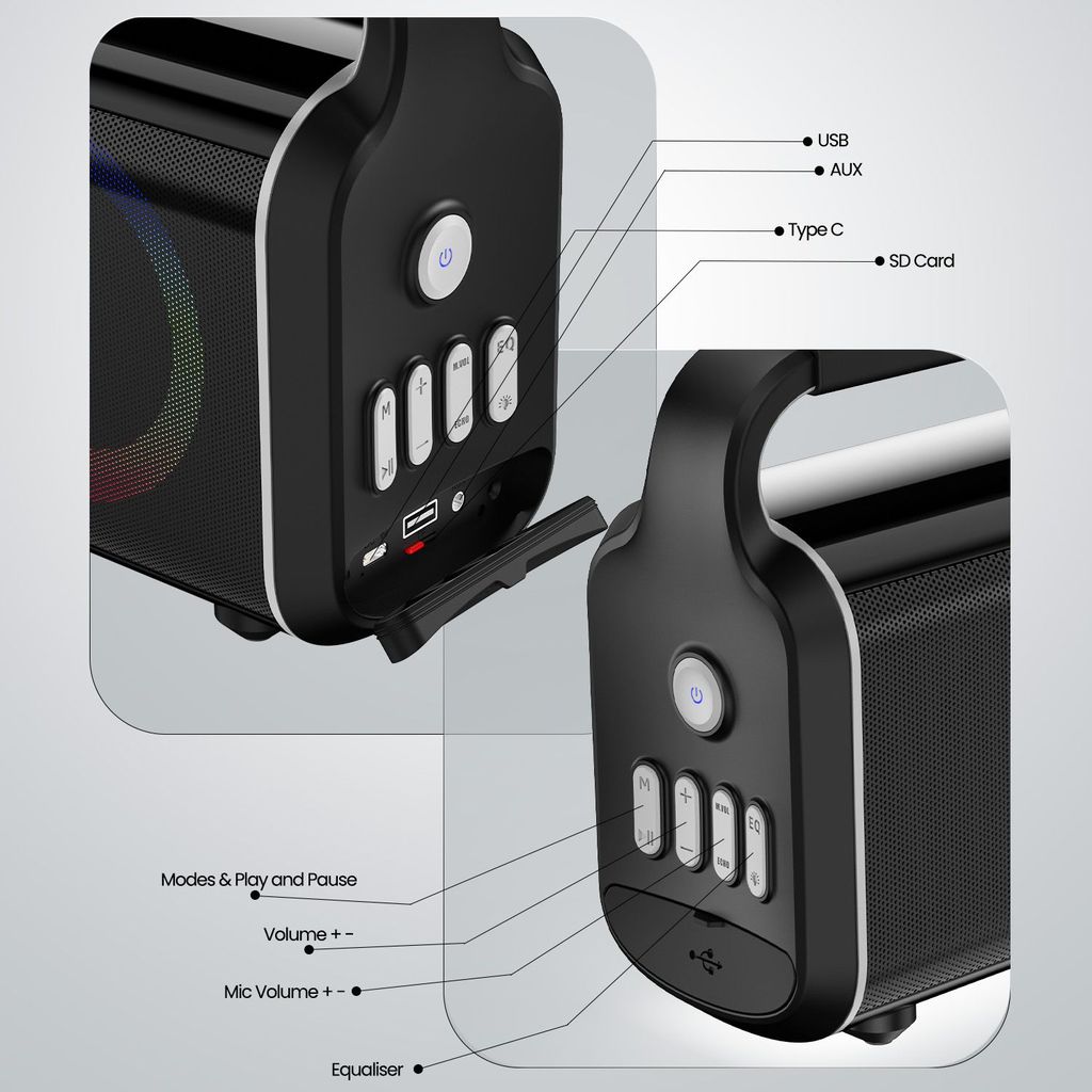 CELLECOR CBS-04 Thunder 120W RMS Bluetooth Speaker with 10 Hours Playtime | TWS Mode | Multiple LED Light Modes | Eco Adjuster | Dual EQ Modes | Multiple Connectivity Wireless Portable (Black Gray)