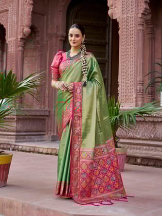 Green Zari Tissue Solid Banarasi Silk Woven Jacquard Work Designer Saree