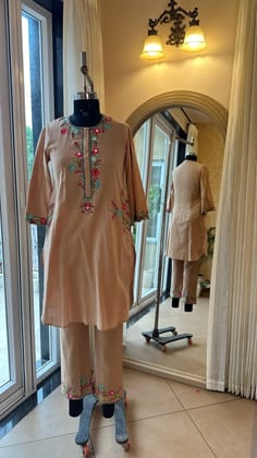 Beige Cotton Linen Cutwork Kurta Set-XXS